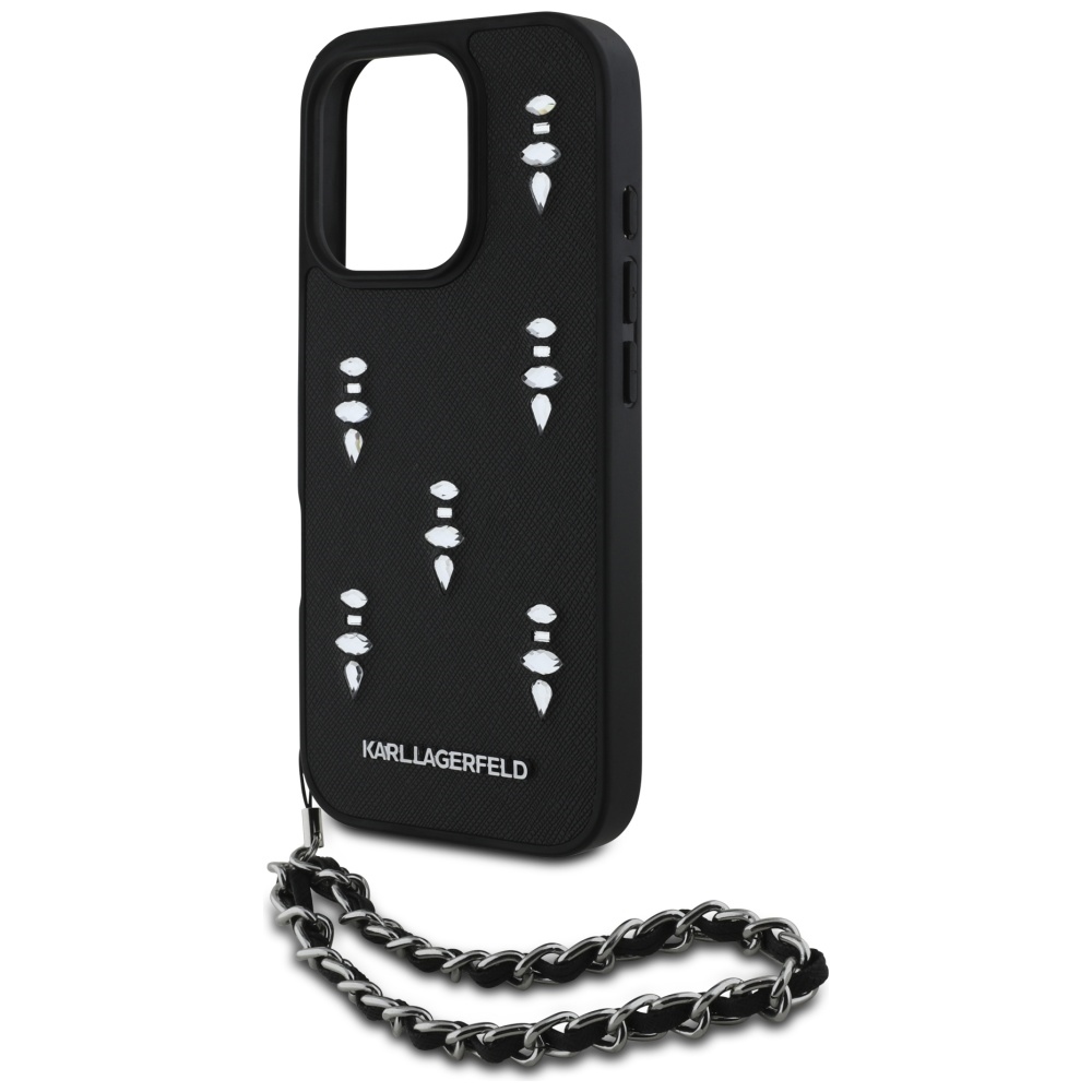 iTok webáruház - Karl Lagerfeld Karl Lagerfeld Saffiano Crystals w/Chain tok iPhone 16 Pro készülékhez (fekete) 5 Karl Lagerfeld Saffiano Crystals w/Chain iPhone 16 Pro Case (fekete)