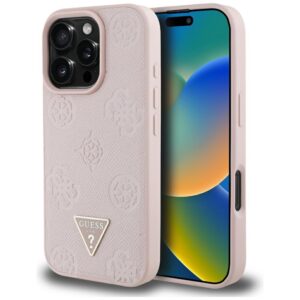 Guess Grained Hot Stamp Peony Triangle Logo MagSafe tok iPhone 16 Pro készülékhez (rózsaszín)
