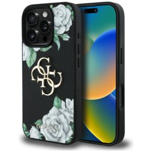 Guess Grained Roses Big 4G logo tok iPhone 16 Pro (fekete)