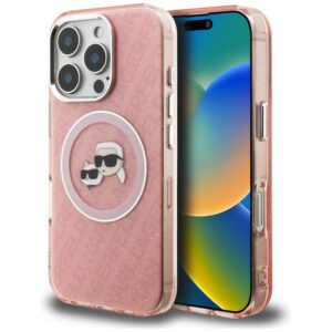 Karl Lagerfeld IML Glitter Karl & Choupette Heads Logo MagSafe tok iPhone 16 Pro készülékhez (rózsaszín)