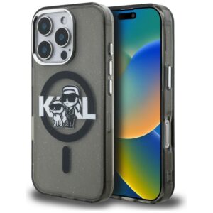 Karl Lagerfeld IML Glitter Karl & Choupette Sketch Logo MagSafe tok iPhone 16 Pro készülékhez (fekete)