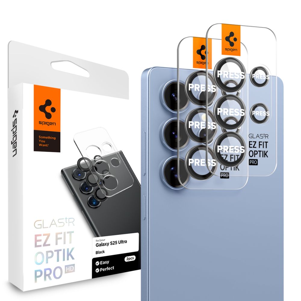 iTok webáruház - Spigen Spigen Optik Pro GLAS.TR EZ FIT 2 db kameravédő Samsung Galaxy S25 Ultra készülékhez (fekete) 1 Spigen Optik Pro GLAS.TR EZ FIT 2-pack Camera Cover for Samsung Galaxy S25 Ultra (fekete)