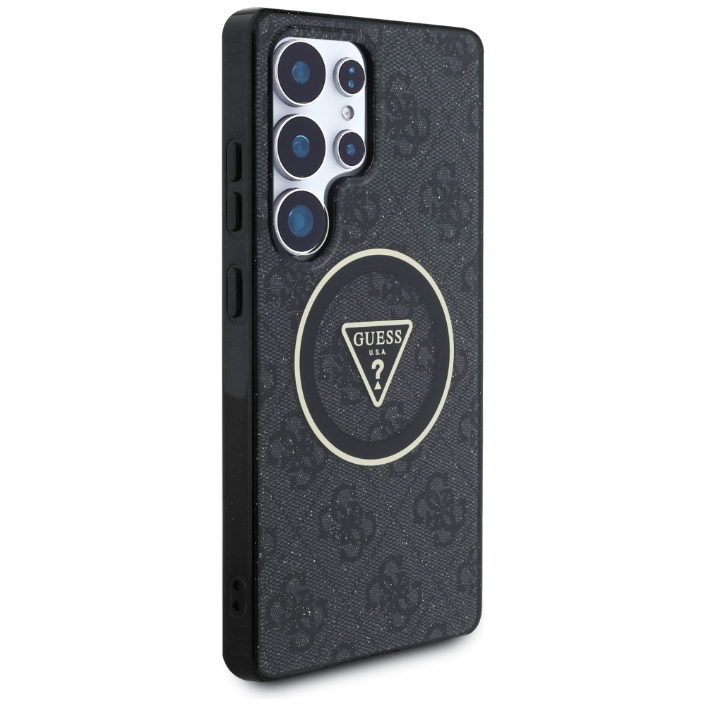 iTok webáruház - Guess Guess 4G Glitter Triangle Buttons MagSafe tok Samsung Galaxy S25 Ultra készülékhez, fekete 4 Guess 4G Glitter Triangle Buttons MagSafe Case for Samsung Galaxy S25 Ultra Black