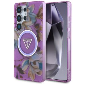 Guess Glitter Flowers Triangle Buttons MagSafe tok Samsung Galaxy S25 Ultra (lila)