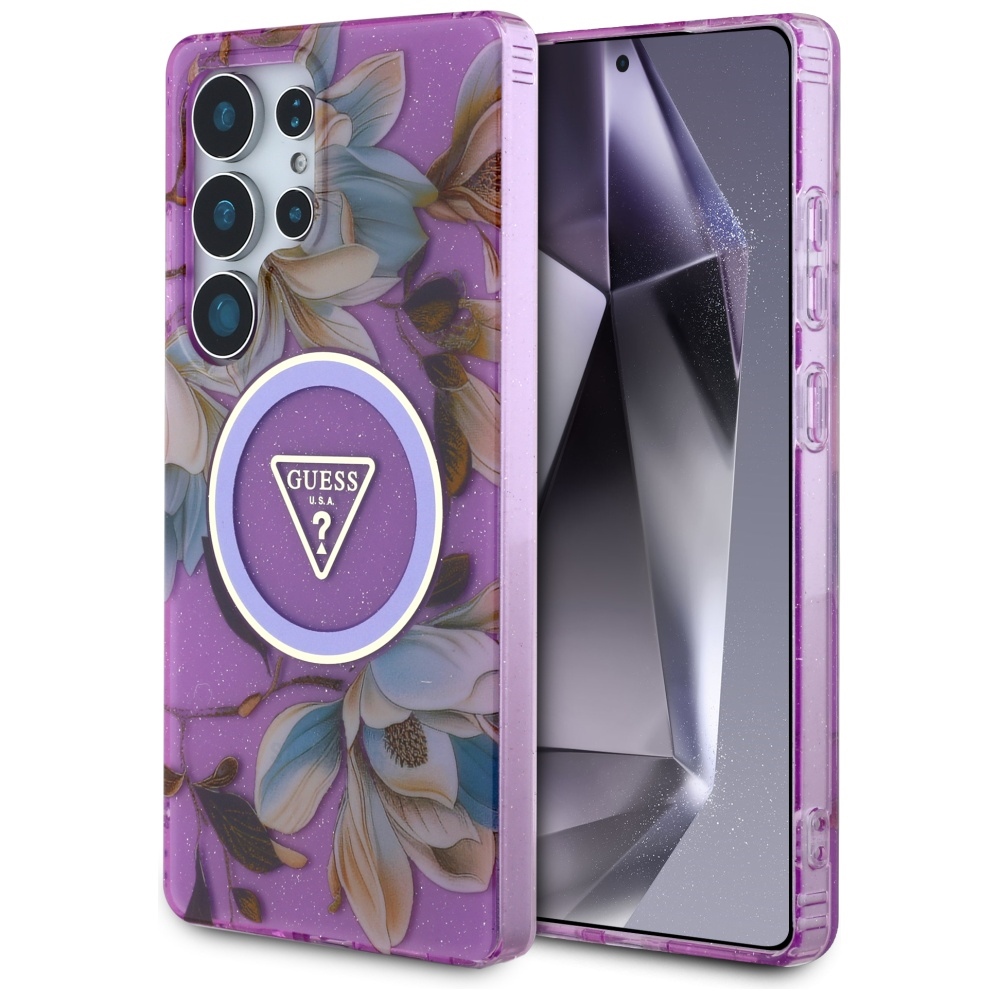 iTok webáruház - Guess Guess Glitter Flowers Triangle Buttons MagSafe tok Samsung Galaxy S25 Ultra (lila) 1 Guess Glitter Flowers Triangle Buttons MagSafe case for Samsung Galaxy S25 Ultra (lila)