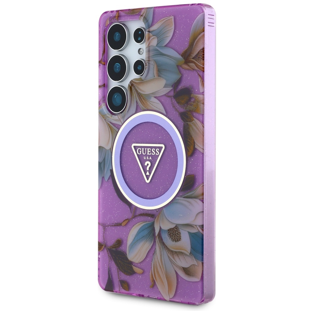 iTok webáruház - Guess Guess Glitter Flowers Triangle Buttons MagSafe tok Samsung Galaxy S25 Ultra (lila) 2 Guess Glitter Flowers Triangle Buttons MagSafe case for Samsung Galaxy S25 Ultra (lila)