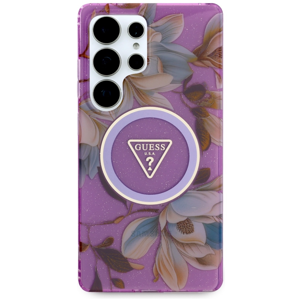 iTok webáruház - Guess Guess Glitter Flowers Triangle Buttons MagSafe tok Samsung Galaxy S25 Ultra (lila) 3 Guess Glitter Flowers Triangle Buttons MagSafe case for Samsung Galaxy S25 Ultra (lila)