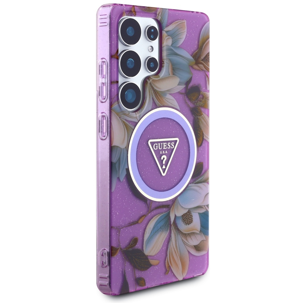iTok webáruház - Guess Guess Glitter Flowers Triangle Buttons MagSafe tok Samsung Galaxy S25 Ultra (lila) 4 Guess Glitter Flowers Triangle Buttons MagSafe case for Samsung Galaxy S25 Ultra (lila)