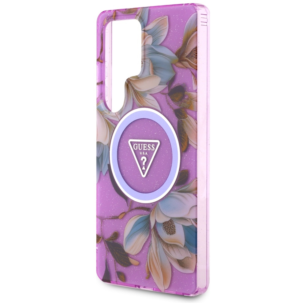 iTok webáruház - Guess Guess Glitter Flowers Triangle Buttons MagSafe tok Samsung Galaxy S25 Ultra (lila) 6 Guess Glitter Flowers Triangle Buttons MagSafe case for Samsung Galaxy S25 Ultra (lila)