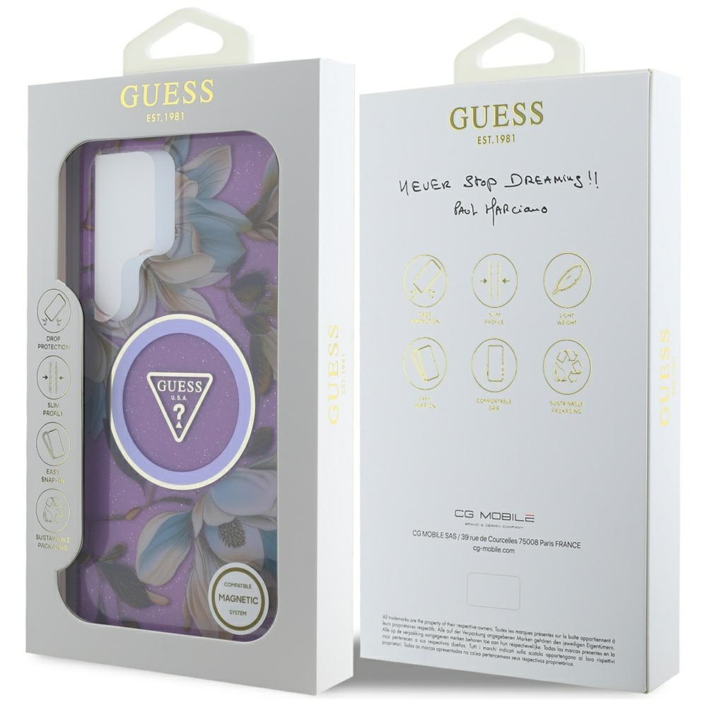 iTok webáruház - Guess Guess Glitter Flowers Triangle Buttons MagSafe tok Samsung Galaxy S25 Ultra (lila) 8 Guess Glitter Flowers Triangle Buttons MagSafe case for Samsung Galaxy S25 Ultra (lila)