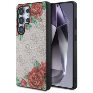 Guess Leather 4G Flowers Print Metal Classic Logo MagSafe tok Samsung Galaxy S25 Ultra (rózsaszín)