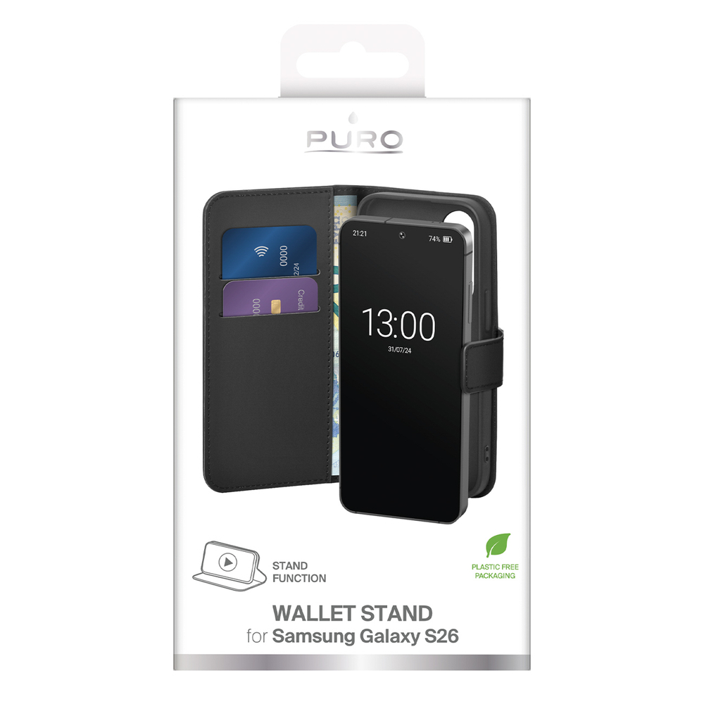 iTok webáruház - Puro Puro Wallet Stand eco-bőr tok Samsung Galaxy S26 készülékhez (fekete) 2 Puro Eco-Leather Case for Samsung Galaxy S26 with Wallet (fekete)